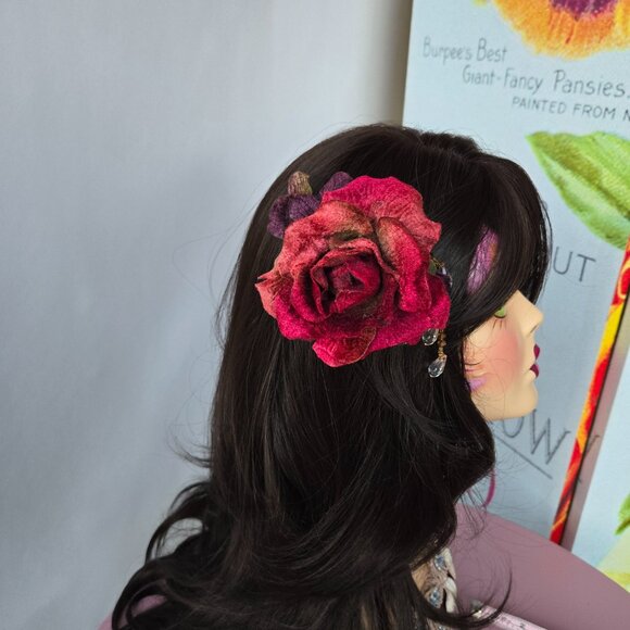 Handmade Red Velvet Millinery Rose and Beaded Fringe Hair Comb 1920s-Style - Picture 2 of 10